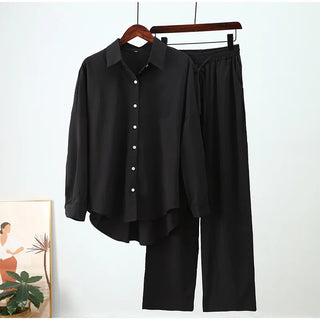Isa Lapel collar shirt & high-waisted pant set.