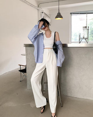 PLEATED SOLID COLOUR HIGH-WAISTED STRAIGHT FIT TROUSER