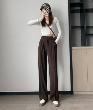 PLEATED SOLID COLOUR HIGH-WAISTED STRAIGHT FIT TROUSER