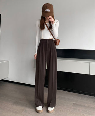 PLEATED SOLID COLOUR HIGH-WAISTED STRAIGHT FIT TROUSER