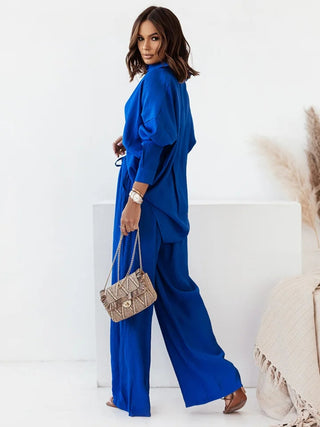 Isa Lapel collar shirt & high-waisted pant set.