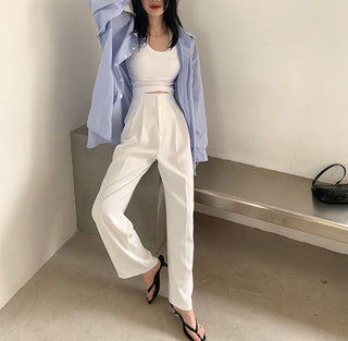 PLEATED SOLID COLOUR HIGH-WAISTED STRAIGHT FIT TROUSER