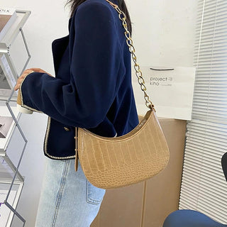 CROC PATTERN HALF CHAIN ADJUSTABLE MOON SHOULDER BAG