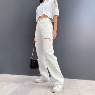 High waist hollow out loose jeans