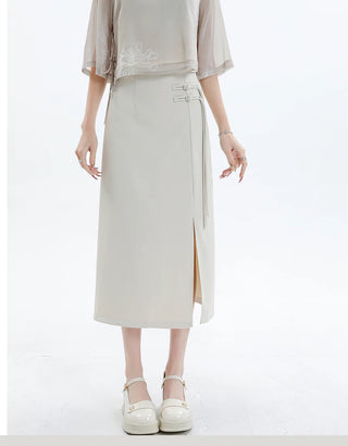 Asymmetric Side-Tie Wrap Midi Skirt.