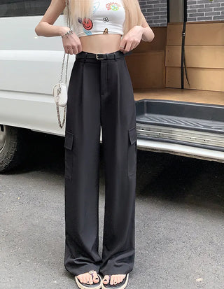 High-waisted pleated straight leg cargo trousers