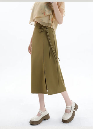 Asymmetric Side-Tie Wrap Midi Skirt.