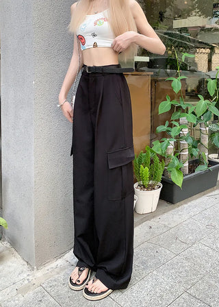 High-waisted pleated straight leg cargo trousers