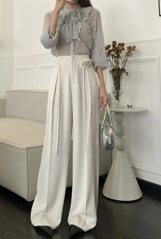 Emma High-Waisted Pleated flower decor Wide-Leg Trousers.