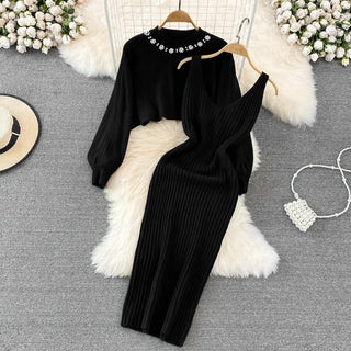 Pearl- Adorned cardigan + dress set.