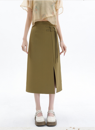 Asymmetric Side-Tie Wrap Midi Skirt.