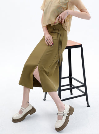 Asymmetric Side-Tie Wrap Midi Skirt.