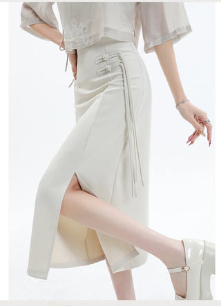 Asymmetric Side-Tie Wrap Midi Skirt.