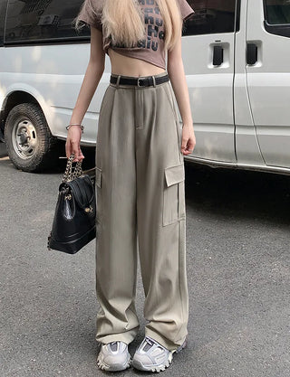 High-waisted pleated straight leg cargo trousers