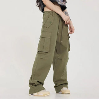 High-waisted drawstring wide leg cargo pants