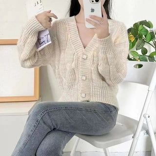 Amelie Cozy Cable-Knit Pearl Buttons Cardigan