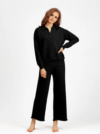 Anne long sleeves polo sweater & wide leg pants two pieces set