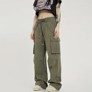 High-waisted drawstring wide leg cargo pants