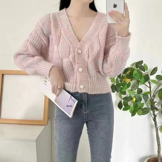 Amelie Cozy Cable-Knit Pearl Buttons Cardigan