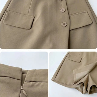 Button front A-line patch pockets mini skirt.