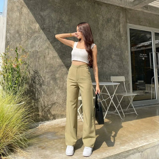 HIGH WAIST STRAIGHT LEG BUTTON FORMAL TROUSERS