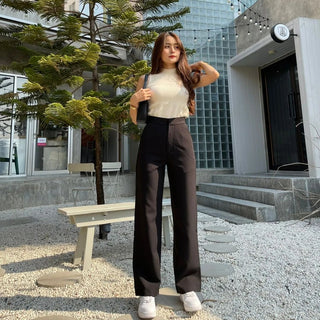 HIGH WAIST STRAIGHT LEG BUTTON FORMAL TROUSERS