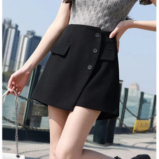 Button front A-line patch pockets mini skirt.