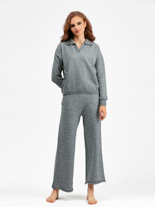 Anne long sleeves polo sweater & wide leg pants two pieces set