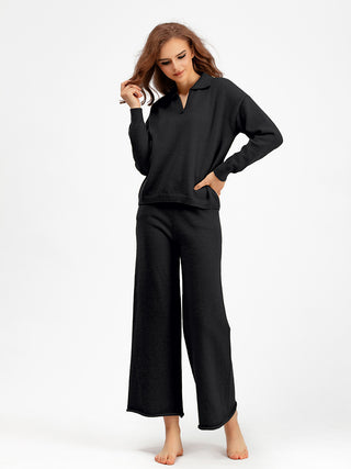 Anne long sleeves polo sweater & wide leg pants two pieces set