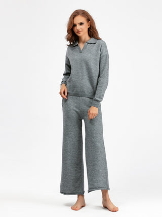 Anne long sleeves polo sweater & wide leg pants two pieces set