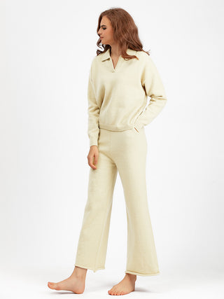 Anne long sleeves polo sweater & wide leg pants two pieces set