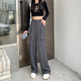 High-waisted pleated straight leg cargo trousers