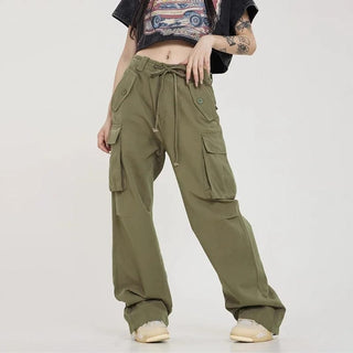 High-waisted drawstring wide leg cargo pants