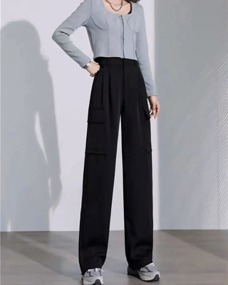 Pleated High-Waisted Wide-Leg Cargo Trousers