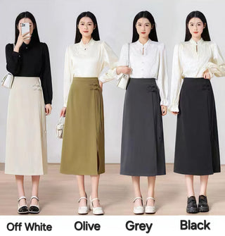 Asymmetric Side-Tie Wrap Midi Skirt.