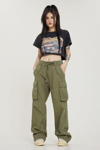 High-waisted drawstring wide leg cargo pants