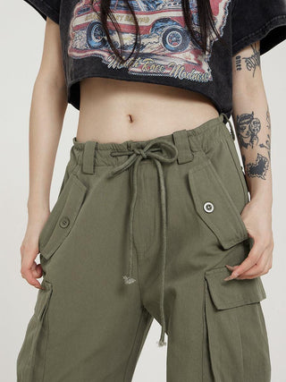 High-waisted drawstring wide leg cargo pants