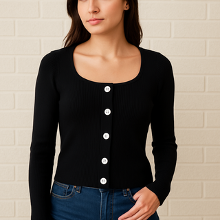 Ribbed Button-Accent Knit Top
