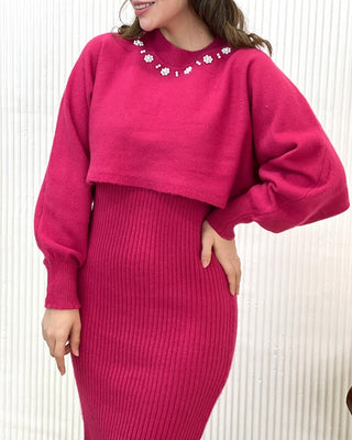 Pearl- Adorned cardigan + dress set.