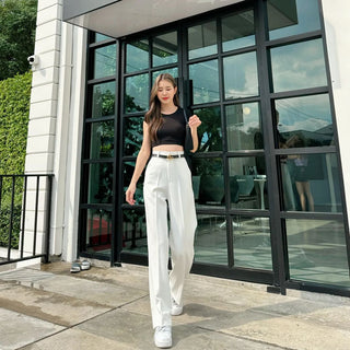 HIGH WAIST STRAIGHT LEG BUTTON FORMAL TROUSERS