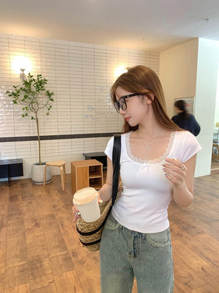 Padded Lace Trim Ribbed Baby Top.
