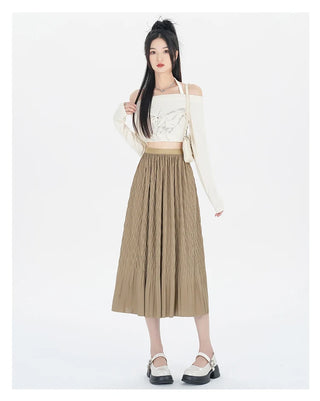 Elegant High-Waisted Pleated Flowy Midi Skirt