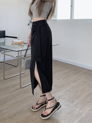 High-Waisted Draped Wrap Side Slit Midi Pencil Skirt