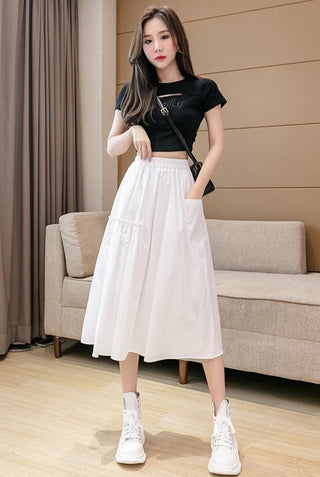 Elara Chic Elastic Waisted Midi Skirt