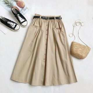 Button-down Belted elastic waist skirt