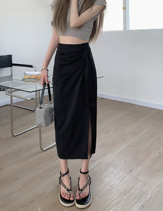 High-Waisted Draped Wrap Side Slit Midi Pencil Skirt