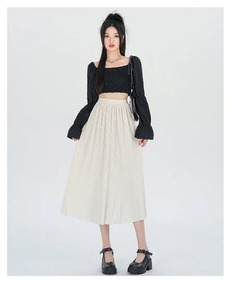 Elegant High-Waisted Pleated Flowy Midi Skirt