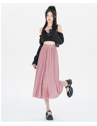 Elegant High-Waisted Pleated Flowy Midi Skirt