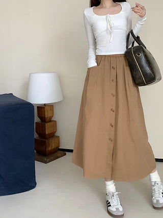 Belted High waisted button-front A-line skirt