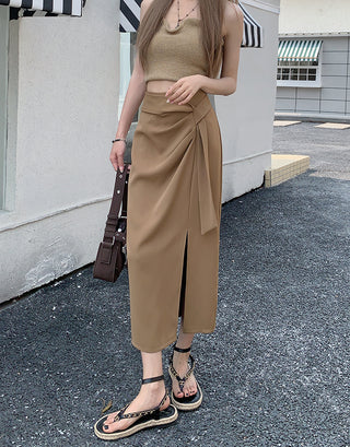 High-Waisted Draped Wrap Side Slit Midi Pencil Skirt